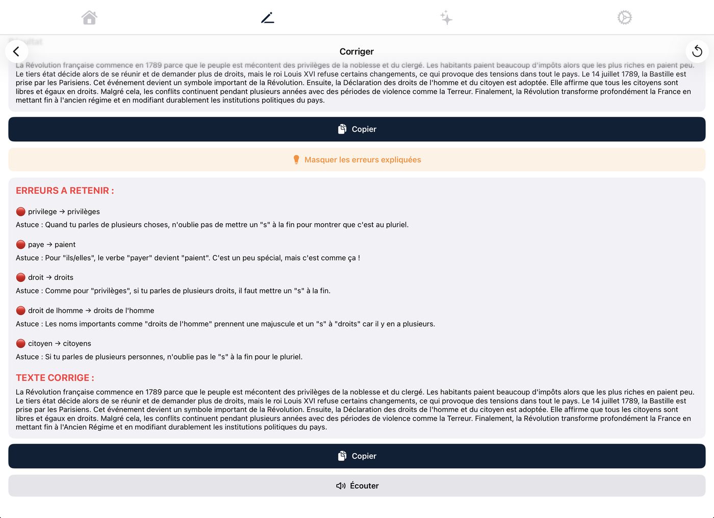 Capture de la fonction Corriger affichant les erreurs expliquées avec des astuces pédagogiques
