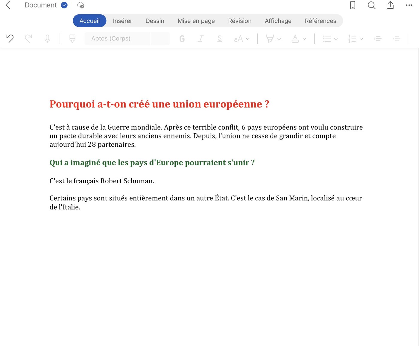 Le même cours collé dans Word, avec les titres colorés conservés
