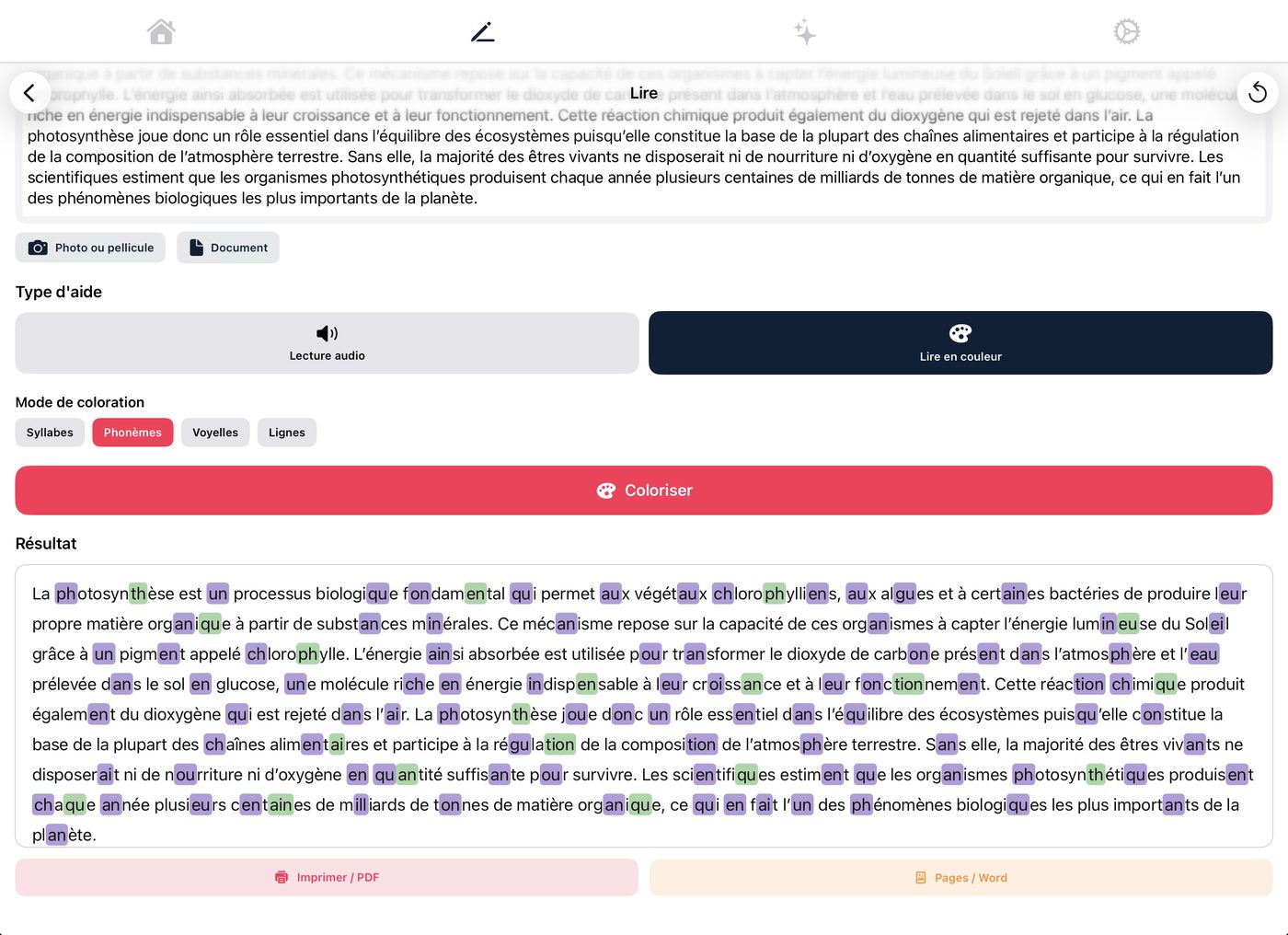Texte sur la photosynthèse colorié par syllabes et phonèmes en violet et vert dans la fonction Lire