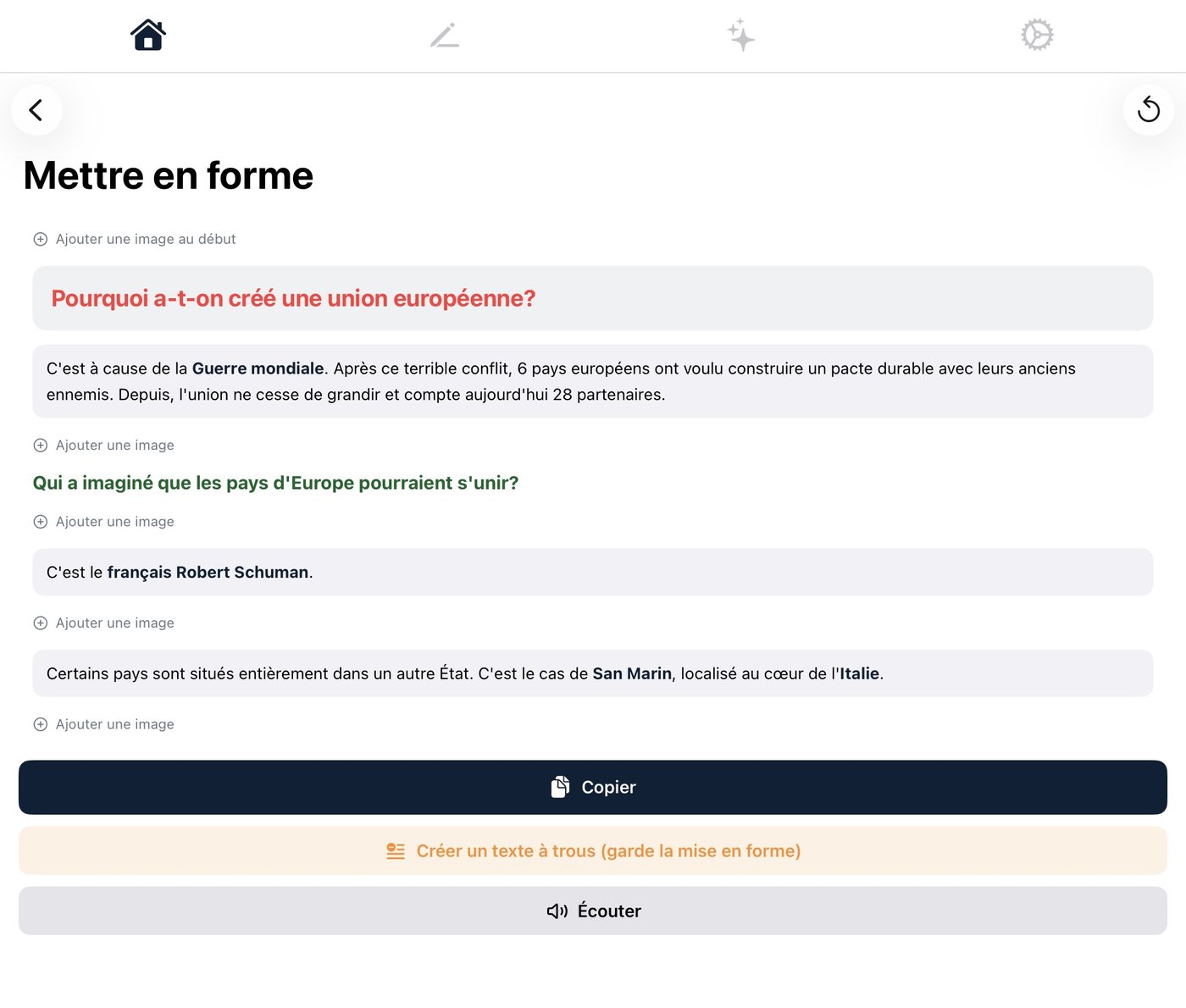 Résultat de la fonction Mettre en forme : cours structuré avec titres rouge et vert, et bouton Créer un texte à trous